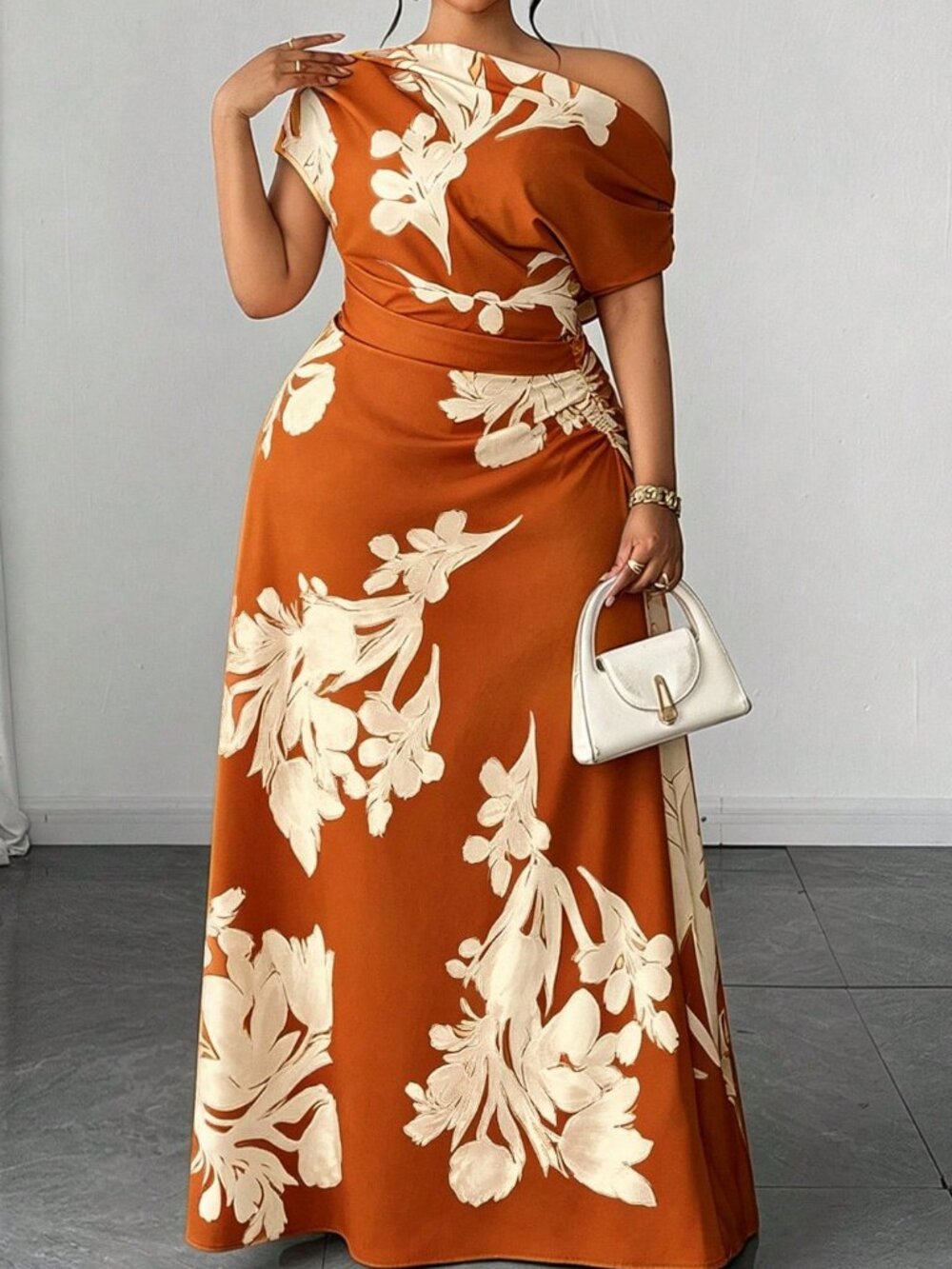 Women's Plus Size Floral Print Asymmetrical Shoulder Ruched Waist Dress - Picture 5 of 7